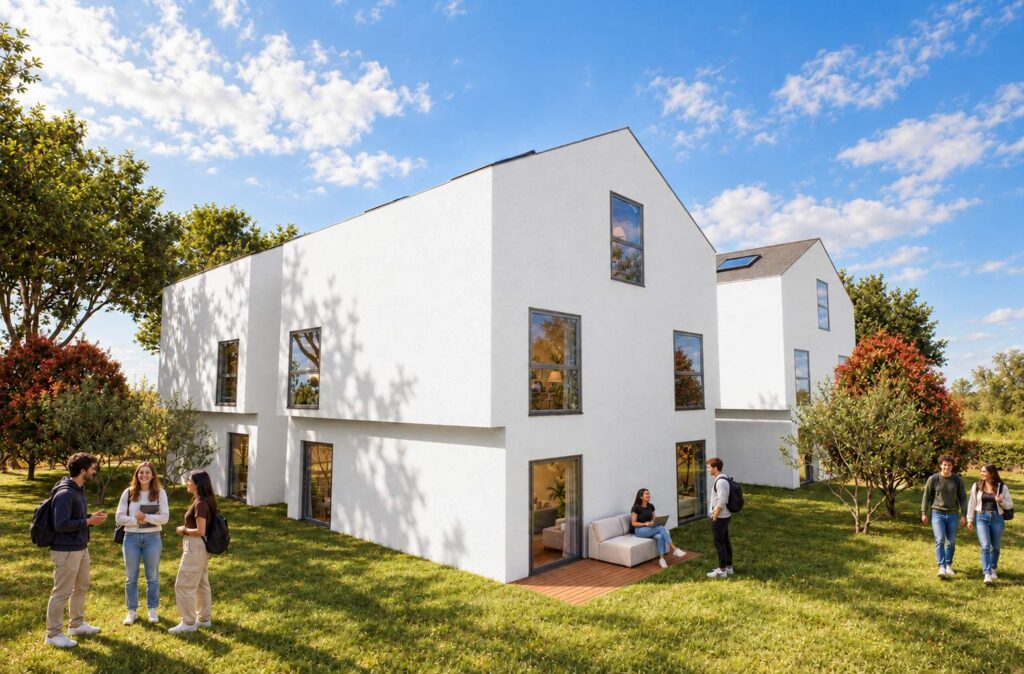Visualisierung MK.04: dreigeschossiges Studentenwohnheim mit Satteldach und Garten