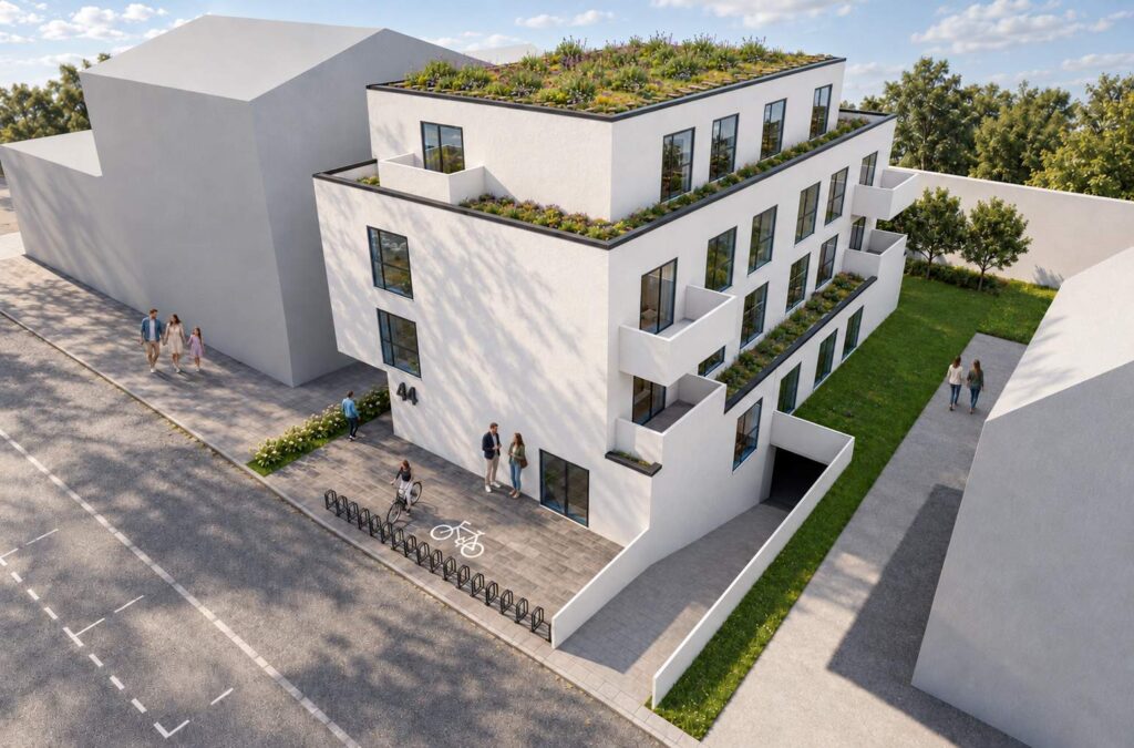 Visualisierung MK.06: Mehrfamilienhaus mit begrünten Terrassen und Tiefgarageneinfahrt