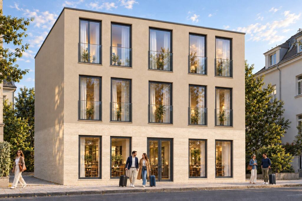 Visualisierung MK.10: Hotel mit Restaurant und hohen Fenstern in der Bad Homburger Stadtmitte