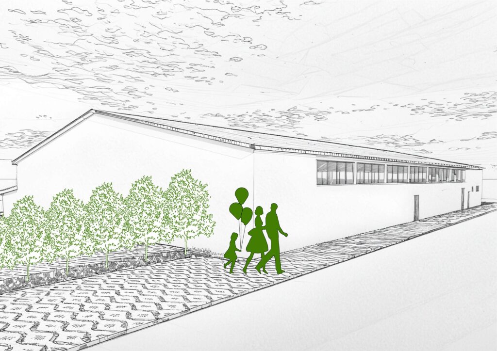 Visualisierung Bauvorhaben MK.17: umgenutzte Lagerhalle mit Baumreihe und Familie auf dem Weg zum Indoor-Spielplatz