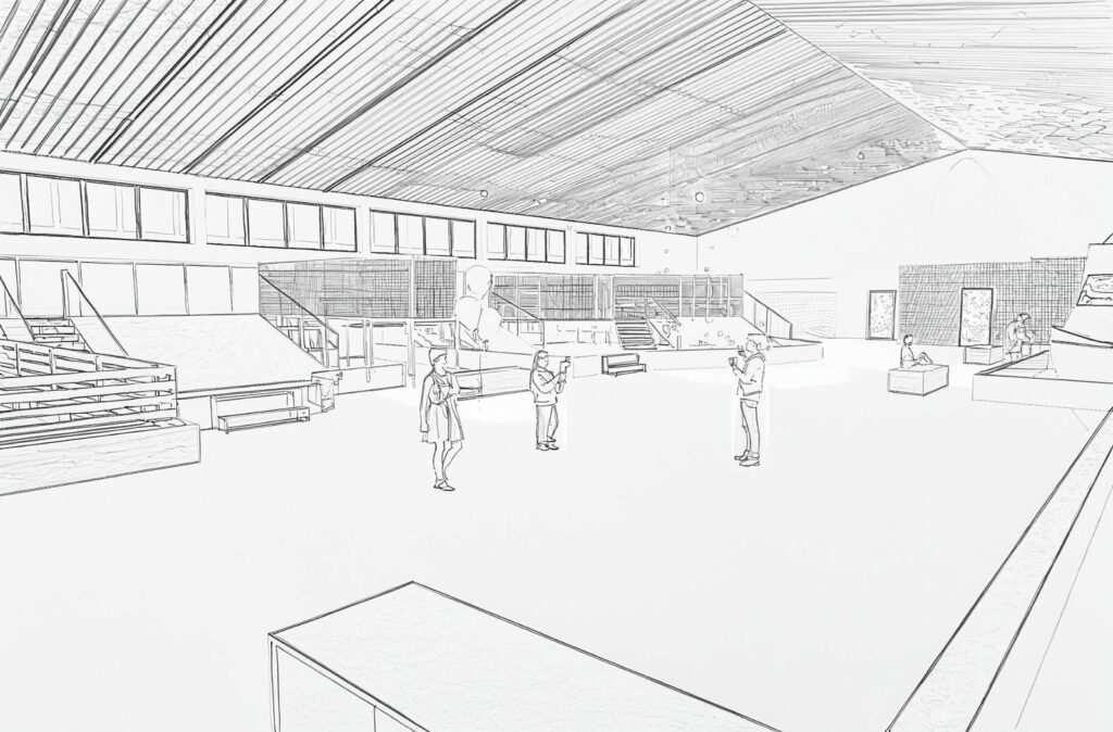 Bleistiftzeichnung der Innenhalle MK.17 mit Holzdecke, Spielebenen und Besuchern