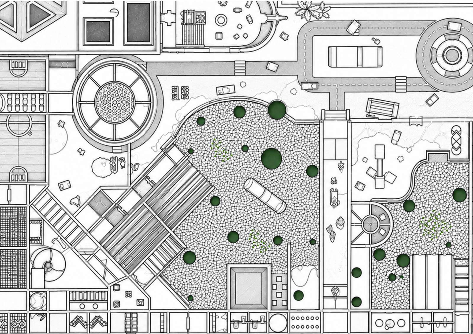 Grundriss Bauvorhaben MK.17: Zonierung der Spiellandschaft mit Bällebad, Kletterbereichen, Fahrbahn und Geburtstagsräumen