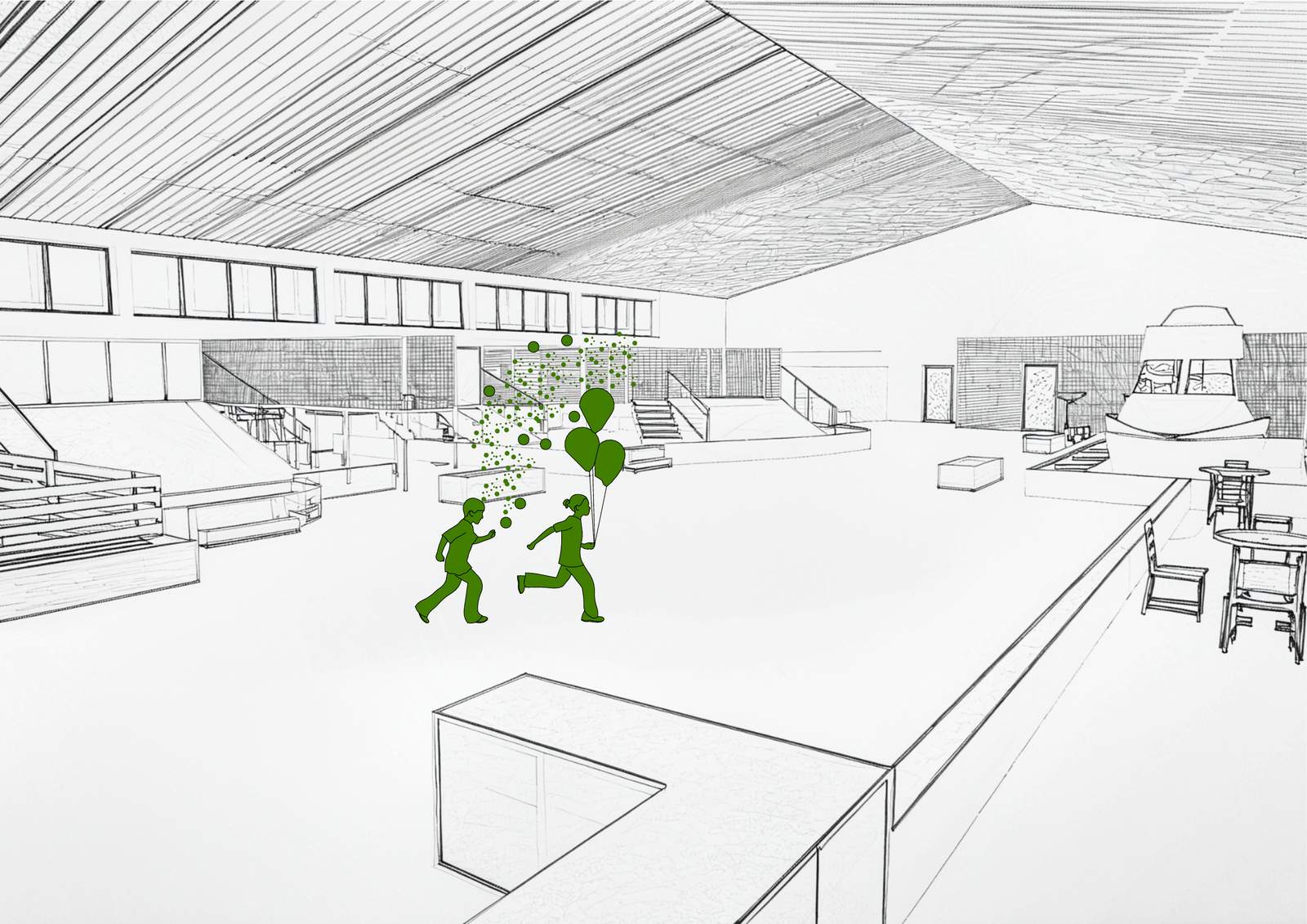 Innenvisualisierung Bauvorhaben MK.17: offene Spielhalle mit Holzdecke, Spielebenen und Café-Bereich