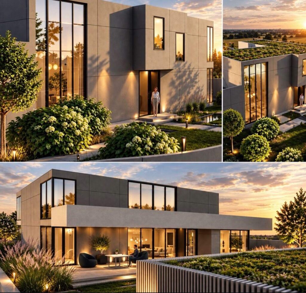 Visualisierungen MK.19: Villa mit Atrium, großen Glasflächen und Pool bei Abendlicht