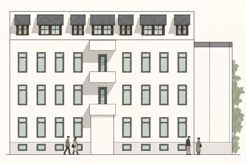Ansicht MK.32: viergeschossige Fassade nach der Umnutzung zu Wohnungen